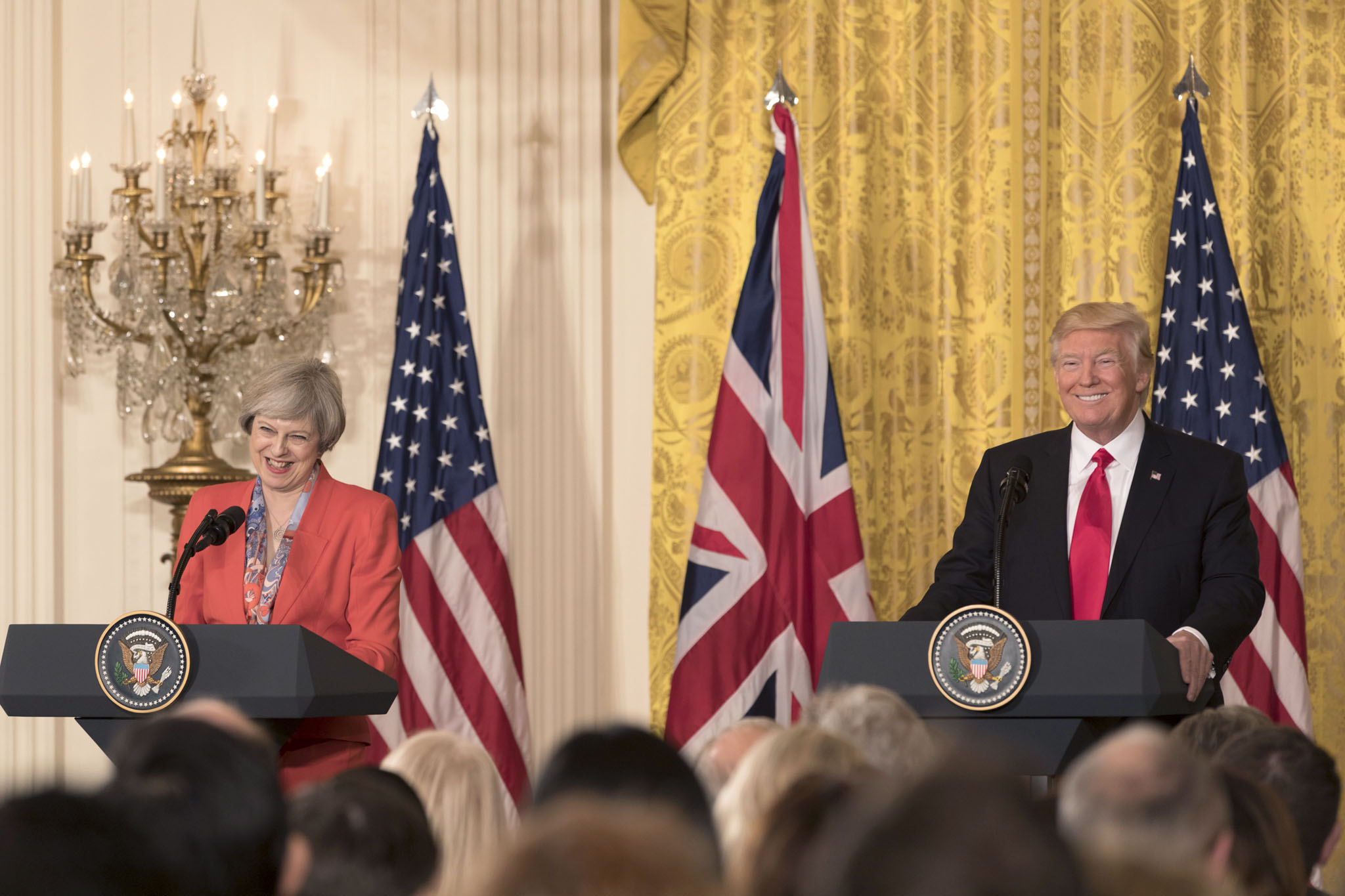 President Donald Trump and British Prime Minister Theresa May appear at a joint press conference, Friday, Jan. 27, 2017, in the East Room of the White House in Washington, D.C. (Official White House Photo by Shealah Craighead)