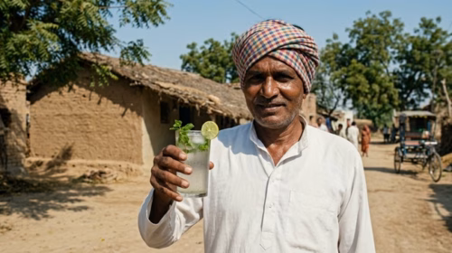 An Indian man standing in Sun while holding min lemonade